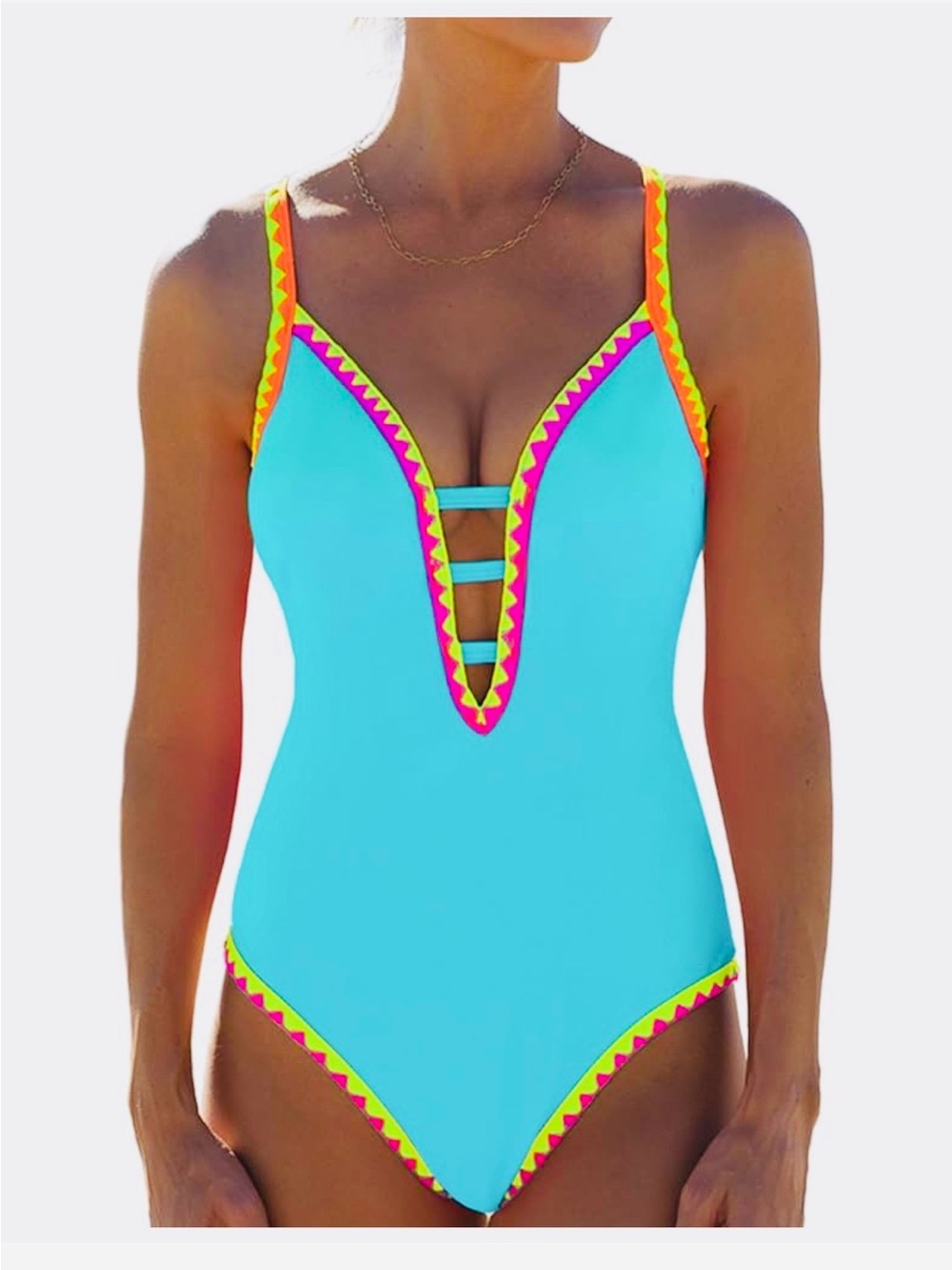 POPVIL Bright Turquoise One-Piece Swimsuit with Neon Trim.